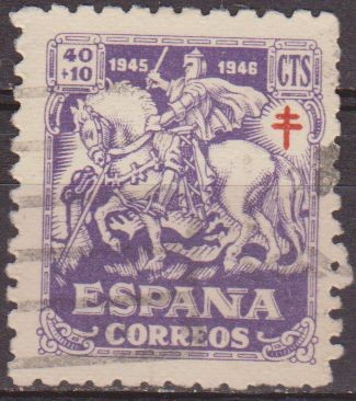 España 1945 995 Sello º Pro Tuberculosos Cruz de Lorena en Carmin 40+10c
