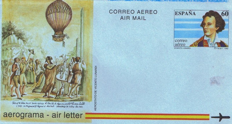 AEROGRAMA 1992. CENT VUELO DE EXHIBICIÓN EN GLOBO DE VICENTE LUNARDI, EN 1792, EN MADRID