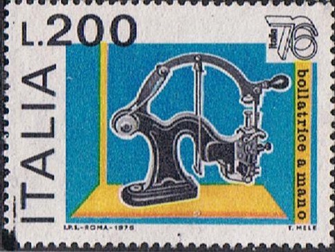 EXPOSICIÓN FILATÉLICA MUNDIAL ITALIA 76. MÁQUINA DE MATASELLAR A MANO, DE FIN DEL SIGLO XIX