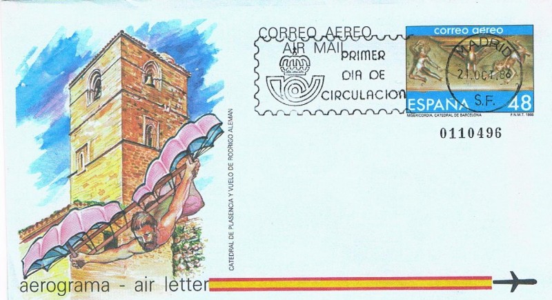 AEROGRAMA 1986. CATEDRAL DE PLASENCIA Y VUELO DE RODRIGO ALEMÁN CON MATASELLOS P.D.