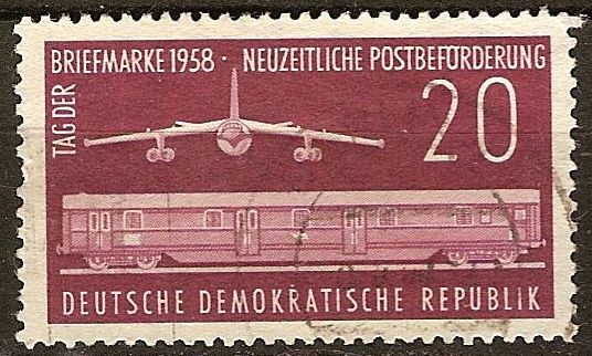 Día del sello 1958.Tren de clasificación postal moderno y Baade-Bonin 152 avión de pasajeros,DDR.