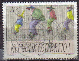 AUSTRIA 1985 Michel 1829 SELLO ARTE PINTOR PAUL FLORA PAYASOS EN BICICLETA Yvert1658