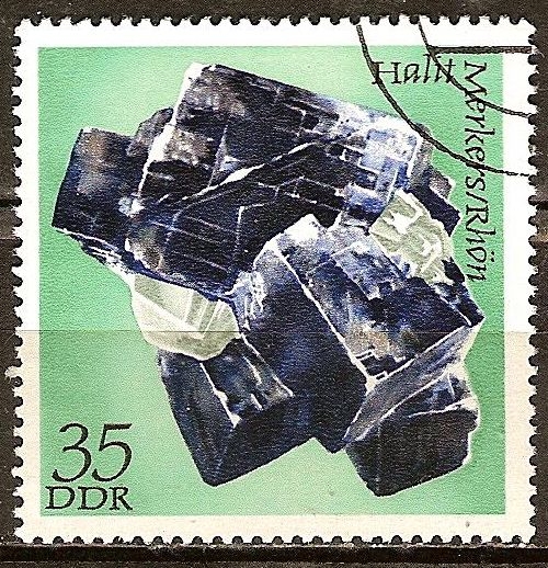 Minerales de las colecciones de Freiberg.Halit,azul con silvita de bandera ( Rhön )DDR.
