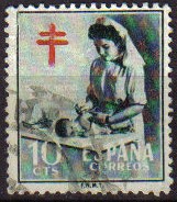 ESPAÑA 1953 1122 Sello Pro Tuberculosos Cruz de Lorena Enfermera Puericultora Usado