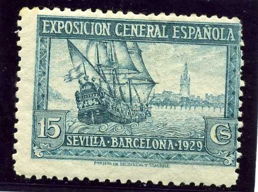 Pro exposiciones de Sevilla y Barcelona. Galeon y vista de Sevilla