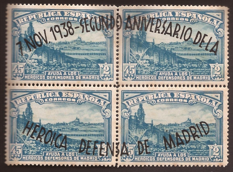 II Aniversario Defensa de Madrid  1938  bloque 4 sellos 45 cents + 2 ptas