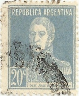 GENERAL SAN MARTÍN. PERFORACIÓN 13½ x 12½. VALOR FACIAL 20ç. YVERT AR 304