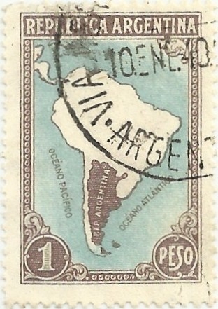 TIPO DE 1935,SIN FRONTERAS. MAPA ARGENTINA EN SUDAMÉRICA. YVERT AR 386