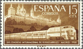 ESPAÑA 1958 1232 Sello Nuevo Congreso Ferrocarriles Tren Talgo y Monasterio Escorial 15cts