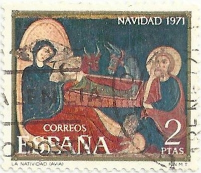 NAVIDAD 1971.LA NATIVIDAD, FRAGMENTO DEL FRONTAL DE AVIÀ, EN EL MNAC. EDIFIL 2061