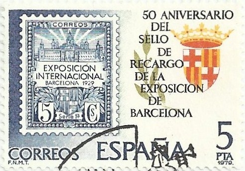 50 ANIVERSARIO PRIMER SELLO DE RECARGO PARA EXPO BARCELONA 1929. EDIFIL 2549