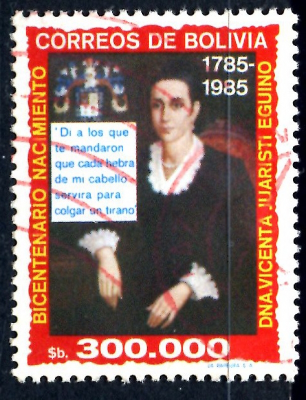 BOLIVIA_SCOTT 718.02 BICENT. Dª VICENTA JUARISTI, HEROINA INDEPENDENCIA. $0.50