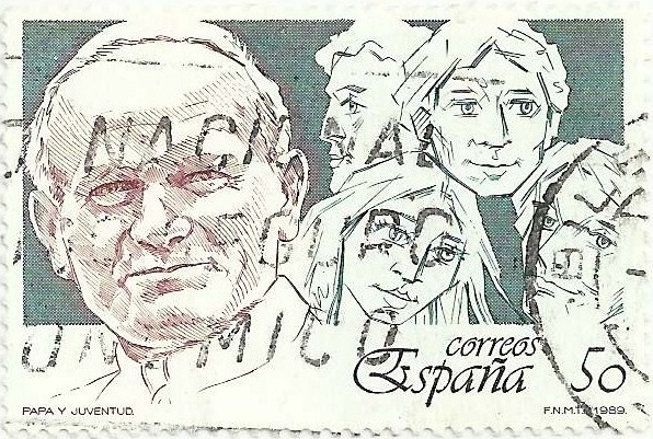 PAPA Y JUVENTUD. ROSTRO DE JUAN PABLO II Y GRUPO DE JÓVENES. EDIFIL 3022