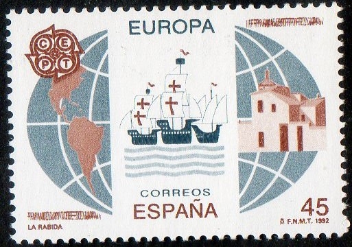 3197- Europa. Monasterio de La Rábida, naves de Colón y mapa de América.