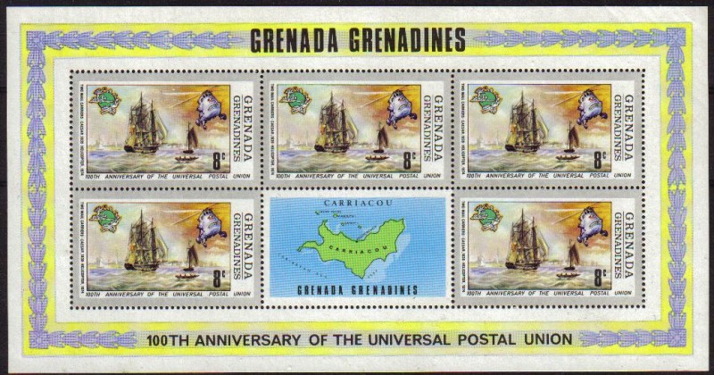 GRENADA GRENADINES 1974 Scott 565 Sellos Nuevos HB Cent. UPU Barco Correo Caesar 1839 y Helicoptero