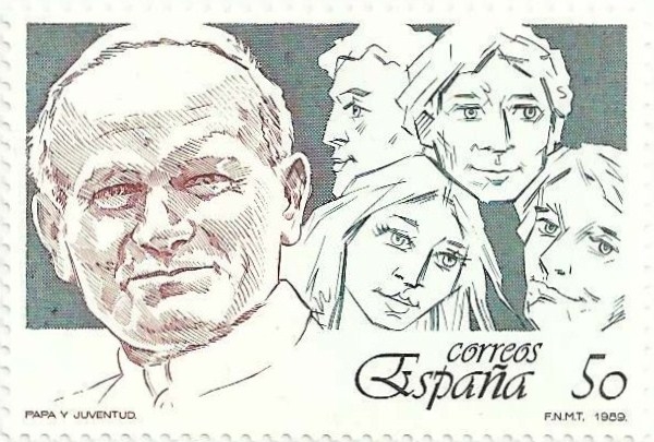 PAPA Y JUVENTUD. ROSTRO DE JUAN PABLO II Y GRUPO DE JÓVENES. EDIFIL 3022