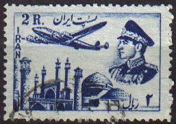 IRAN 1953 Scott C70 Sello Correo Aereo Avión sobrevolando Moscú y retrato Militar Mohammad Reza Shah