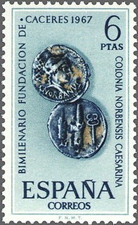 ESPAÑA 1967 1829 Sello Nuevo Fundacion de Caceres Denario Romano