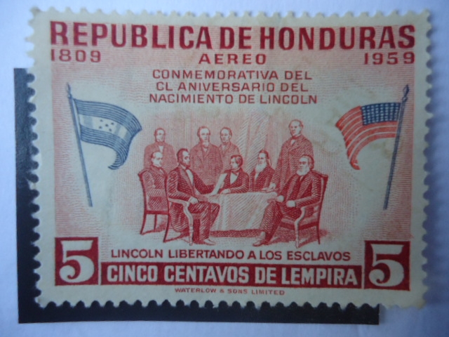 150° Cumpleaños de Abraham Lincoln - Lincoln en la Conferencia Sobre la Liberación de los Esclavos.