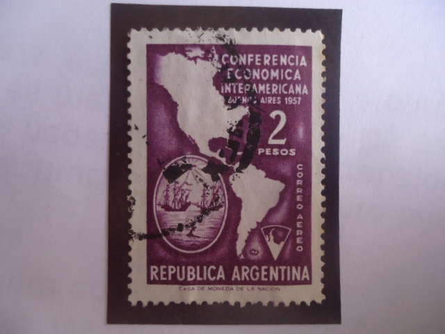 Conferencia Económica Interamericana-Buenos Aire 1957 - Mapa de América- Galeones.