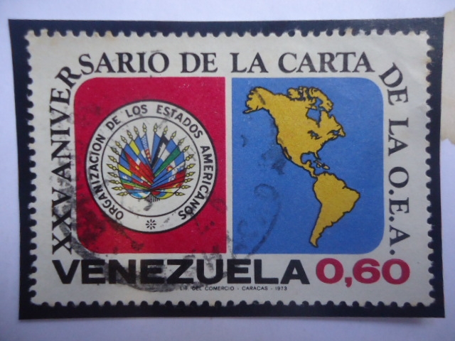 25°Aniversario de la Carta de la O.E.A. - Organización de los Estados Americanos- Emblema y Mapa de 