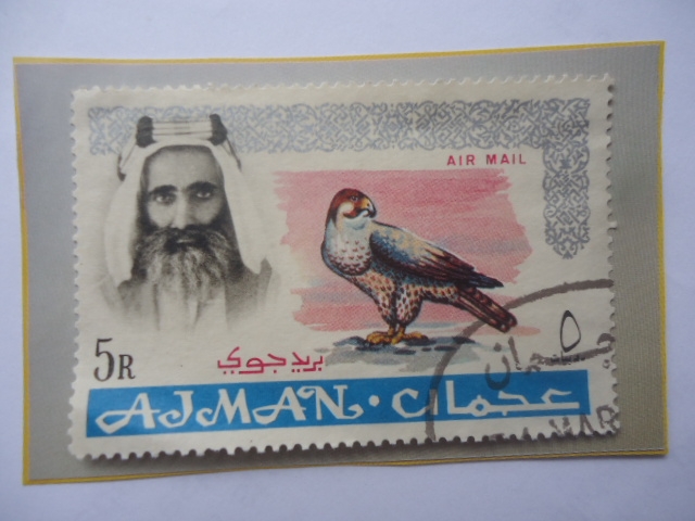 Emirato de Ajman- Shaika Rashid y el Alcón Pelegrino- Sello de 5 Rupia del Golfo, Año 1965