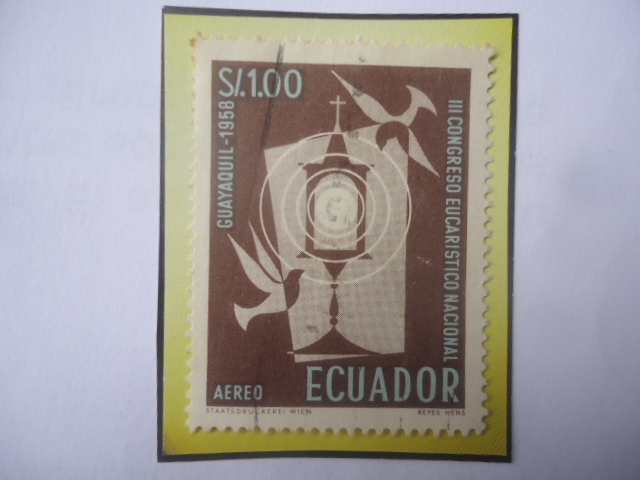 III Congreso Eucarístico Nacional- Guayaquil 1958- Sello de 1,00 Sucre Ecuatoriano.