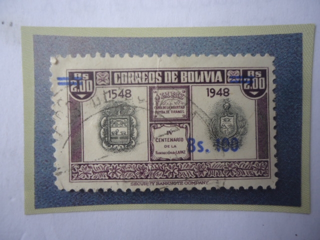 IV Centenario de la Fundación de la Paz (1548-1948)-Escudos de Armas- Sobretasa de Bs 100 sobre Bs 2