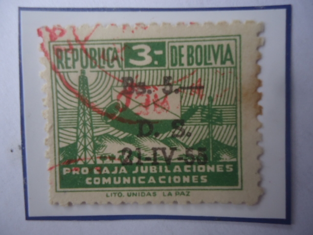 Pro Caja Jubilaciones Comunicaciones-Símbolos de las Comunicaciones-Sobretasa:5Bs sobreBs3.Año 1955