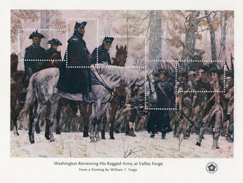 Ediciones del Bicentenario Americano: Hojas de recuerdo. Washington revisando su ejército en Valley 