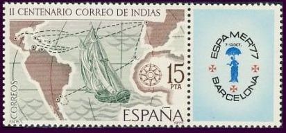 ESPAÑA 1977 2437 Sello Nuevo Correo de Indias ESPAMER'77 II Centenario de la Real Ordenanza Regulado