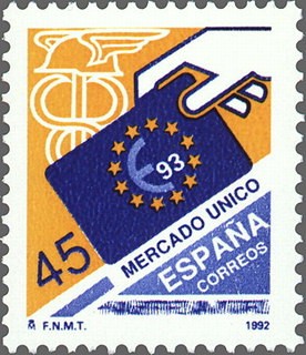 ESPAÑA 1992 3226 Sello Nuevo Mercado Único Eurpeo Caduceo de Mercurio y 12 Estrellas de la Comunidad