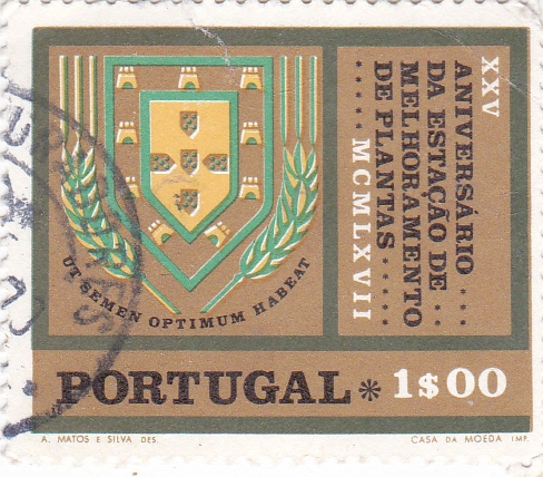 Escudo de armas portugués rodeado de espigas de trigo