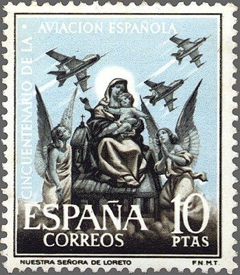 ESPAÑA 1961 1405 Sello Nuevo Aniversario de la Aviación Española Virgen de Loreto y Aviones c/señal