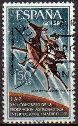 ESPAÑA 1966 1749 Sello Federación Astronautica Internacional Don Quijote y Sancho Panza Usado