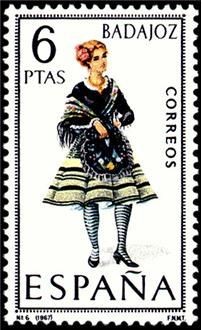 ESPAÑA 1967 1772 Sello ** Trajes Tipicos Españoles Badajoz