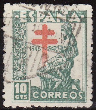 ESPAÑA 1946 1009 Sello Pro Tuberculosos con Cruz Lorena10c usado