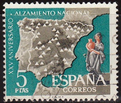 ESPAÑA 1961 1361 Sello XXV Aniv. del Alzamiento Nacional Mapa España Regadios 5p usado