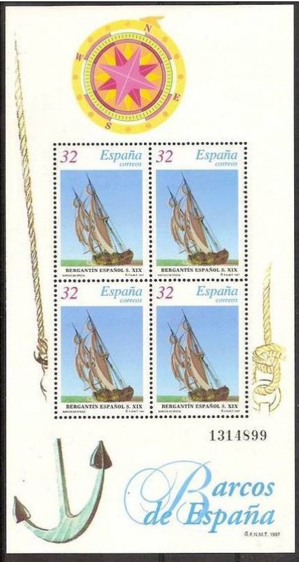 ESPAÑA 1997 3478 Sello Nuevo HB Barcos de Epoca Navio Bergantín del Siglo XIX