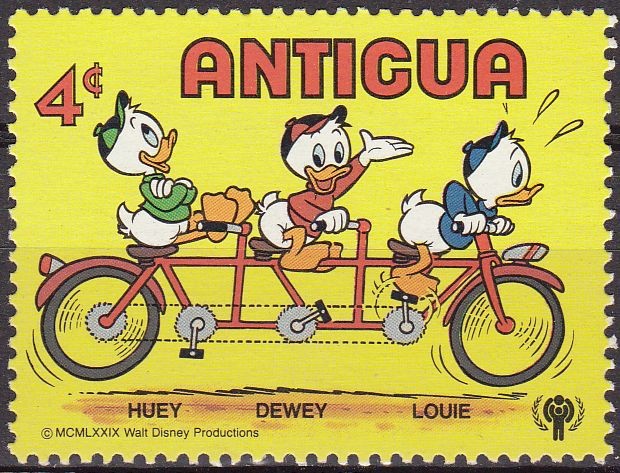 Antigua 1980 Scott566 Sello Nuevo Disney Transporte Huey, Dewey y Louie Juanito, Jorgito y Jaimito