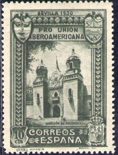 ESPAÑA 1930 569 Sello Nuevo Pro Union Iberoamericana Sevilla Pabellon de Colombia 10c