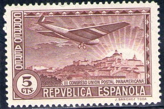 ESPAÑA 1931 614 Sello Nuevo Congreso Union Postal Panamericana Avion Vista de Madrid 5c