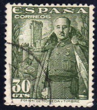 ESPAÑA 1948 1025 Sello General Franco y Castillo de la Mota 30c usado