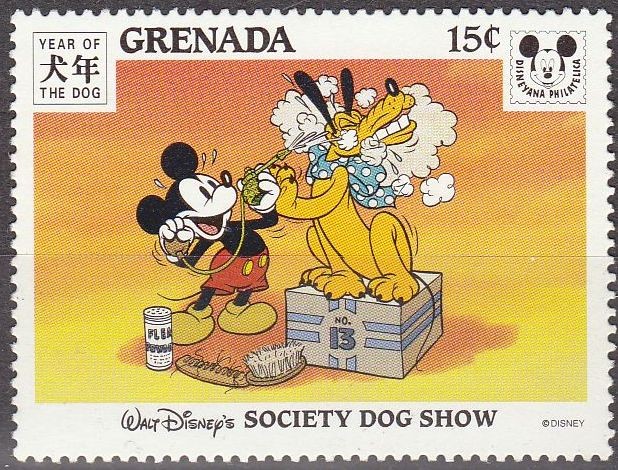 Grenada 1994 Scott2368 Sello Nuevo Disney Año del Perro Mickey empolvado a Pluto 15c