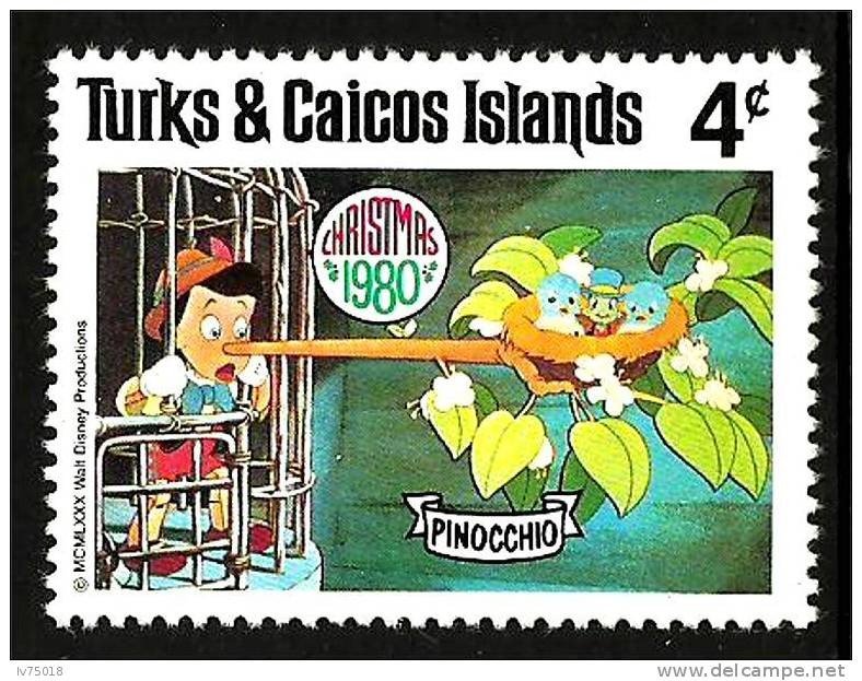 TURKS & CAICOS ISLANDS 1980 Scott447 Sello Nuevo Disney  Escenas de Pinocchio Navidad 4c