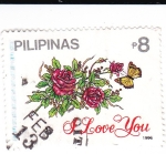 Stamps Philippines -  Flores y mariposa -Love you