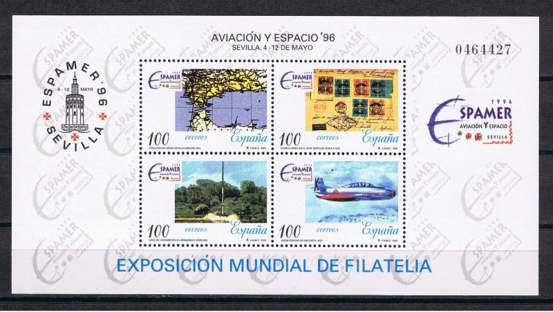 Edifil  3433  ESPAMER¨96  Aviación y Espacio¨96  Se completa con los logotipos de las exposiciones.