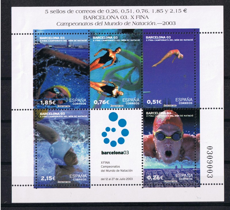 Edifil  3991  Campeonatos del Mundo de Natación Barcelona 03.   Hojita de 5 sellos