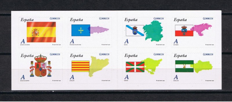 Edifil  4446 C  Autonomías.  Carné de 8 sellos.  Mapa y bandera de distintas autonomías.