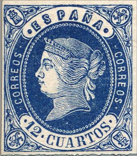 ESPAÑA 1862 59 Sello Nuevo Isabel II sin dentar 12cu Azul sobre Rosa 